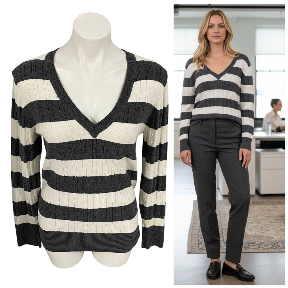 Old Navy Sweater Womens Large Grey Stripe Cable Knit Preppy V Neck Coastal Y2K